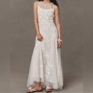 ANTHROPOLOGIE BHLDN white maxi dress calla sleeveless sheer XS floral embroidery
